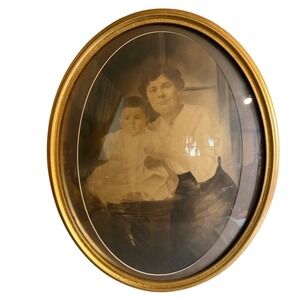 Antique Oval Gold Gilt Frame Sepia Portrait Mother Child Convex Bubble Glass 21"